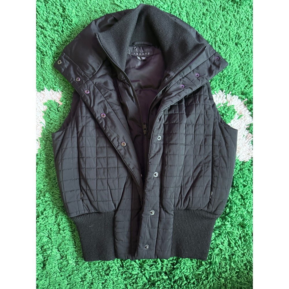 Theory Womens Black Quilted Down Puffer Vest Ribbed Collar Snap Zip Small S/P